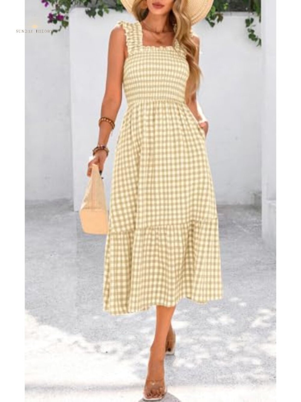 Women's Summer Midi Dress Ruffle Strap Square Neck Gingham Sundress - Picture 3 of 6
